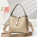 Elegant beige pebbled leather bucket bag with wide woven strap and gold buckle - Khaki