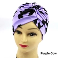 Purple cow pattern turban hat for hip-hop and yoga, stylish leopard print skull cap - One Size / Purple Cow Pattern