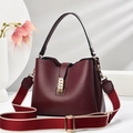 Elegant burgundy lychee leather handbag with gold chain buckle and colorful strap - Wine Red