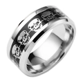 Polished silver stainless steel ring featuring a black band with skull motifs - US 6 / Black with Silver Gear