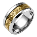 Silver polished stainless steel ring with gold glitter band and skull relief engraving - US 6 / Gold with Gold Gear