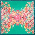 Grünes Seidengefühl-Vierecktuch mit symmetrischen rosa und orangen Blumenmustern - Grün
