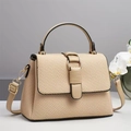 Detail of woven texture handbag featuring gold metal buckle and leather strap - Khaki
