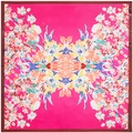 90x90cm pink square silk scarf featuring vibrant floral butterfly patterns and satin finish - Rose Red