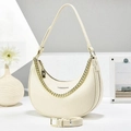Close-up of cream crescent hobo bag with gold chain and grainy leather texture detail - Off-white