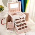 White leather jewelry box with 5-layer drawers and a mini portable travel case - Large Upgraded Model (w/ Portable Box) - White