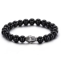 Handmade beaded bracelet featuring 10mm glossy black beads and a silver Buddha head charm - Black