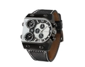 Oulm black multi-timezone men's watch with matte case and white stitched leather strap - White