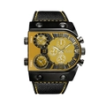 Oulm men's oversized quartz watch with multi-timezone yellow dial and black leather strap - Yellow