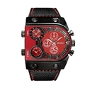 Detail of multi-timezone men's watch featuring a black dial with bold red contrast stitching - Red