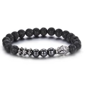 Black lava stone beads bracelet featuring a silver Buddha head and hematite accents - Buddha Head Lava Stone Bracelet / Black/Silver