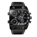 Oulm black leather multi-timezone quartz watch with large industrial rivet dial - Black