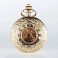 Vintage golden hollow mechanical pocket watch with Roman numerals and floral relief - Skeleton Mechanical / Gold