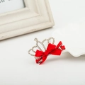 Children's golden crystal crown hair clip with a vibrant red ribbon bow - Red