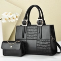 Black crocodile-embossed leather tote bag set with gold hardware and small chain pouch - Black