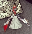 White leather tassel keychain with red and white printed silk scarf and gold ring - 18cm / White Tassel
