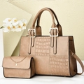 Brown PU leather handbag set with crocodile pattern detail and gold chain accessory - Khaki