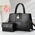 Elegante set borsa a mano e pochette nera in ecopelle con trama coccodrillo e fibbia oro - Nero