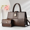 Dark brown leather tote bag with stone pattern stitching and a small chain pouch - Coffee