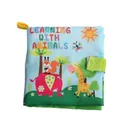 Blue soft cloth book for babies titled LEARNING WITH ANIMALS featuring cartoon elephant - Animal