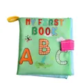Green ABC sensory cloth book for infants with a hanging loop and alphabet patterns - Alphabet