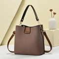 Fashion bucket bag in coffee leather and beige fabric with adjustable shoulder strap - Coffee