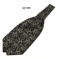 Macro shot of men's black Ascot tie with beige scroll pattern and silk-like texture - 60-80cm / Black Beige Vine Style (LJ-020)