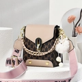 Women's brown monogram crossbody bag with beige flap and wide fabric strap - Khaki