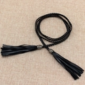 Braided black PU leather waist chain with vintage silver charms and long tassels - Style WP75 / Black