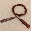 Brown braided PU leather waist chain with vintage bronze accents and long tassels - Style WP85 / Camel