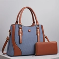Sac fourre-tout tissé bleu avec garniture en similicuir marron et ensemble portefeuille - Bleu