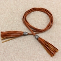 Handmade brown braided PU leather waist chain with tassels and vintage metal buckles - Style WP75 / Camel