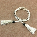 Beige woven waist rope belt with black vintage metal clasps and long tassels for women - Style WP75 / White