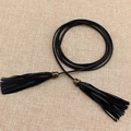 Minimalist black braided PU leather waist chain with vintage bronze tassel ends - Style WP85 / Black