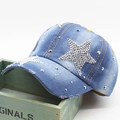 Close-up of denim baseball cap with rhinestone star pattern and vintage frayed brim - Rhinestone Star / Medium Denim Blue