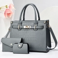 Grey crocodile embossed handbag set with gold lock and detachable shoulder strap - Gray