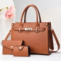 3-piece brown crocodile pattern handbag set with crossbody strap and gold metal hardware - Khaki/Earth Yellow