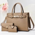 Detailed view of crocodile pattern leather handbag set with metal lock and matching wallets - Khaki