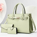 Three-piece mint green crocodile pattern tote bag set with golden hardware and floral decor - Mint Green