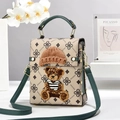 Fashionable beige crossbody bag with teddy bear patch and vintage letter pattern - Khaki and Green