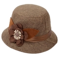 Eleganter brauner Damen Hut aus Leinenimitat mit Blumendekor und Satinband - M (56-58cm) / Braun (Kleine Blume)