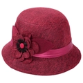 Damen Sonnenhut in Burgund aus Leinenimitat mit eleganter seitlicher Stoffblume im Detail - M (56-58cm) / Weinrot (Kleine Blume)