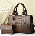 Dark brown faux leather tote and crossbody bag set with crocodile texture accents - Coffee