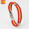 Handmade braided leather bracelet in Spanish flag colors with silver magnetic clasp - Spain Style
