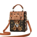 Chic brown monogram crossbody bag with a 3D teddy bear patch and mini knitted hat - Coffee & Mustard Yellow
