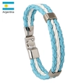 Braided Argentina flag themed bracelet with light blue and white leather bands and silver metal clasps - Argentina