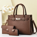 Three-piece set of brown faux crocodile leather tote bag with wallet and card holder - Coffee