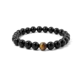Natural black agate and tiger eye stone beaded buddha bracelet on white background - 8mm Polished Agate (Size L)