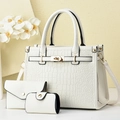 Three-piece white faux crocodile leather handbag set with gold hardware and tote bag detail - White
