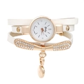 Elegant white leather wrap watch with rose gold bow and rhinestone accents - White